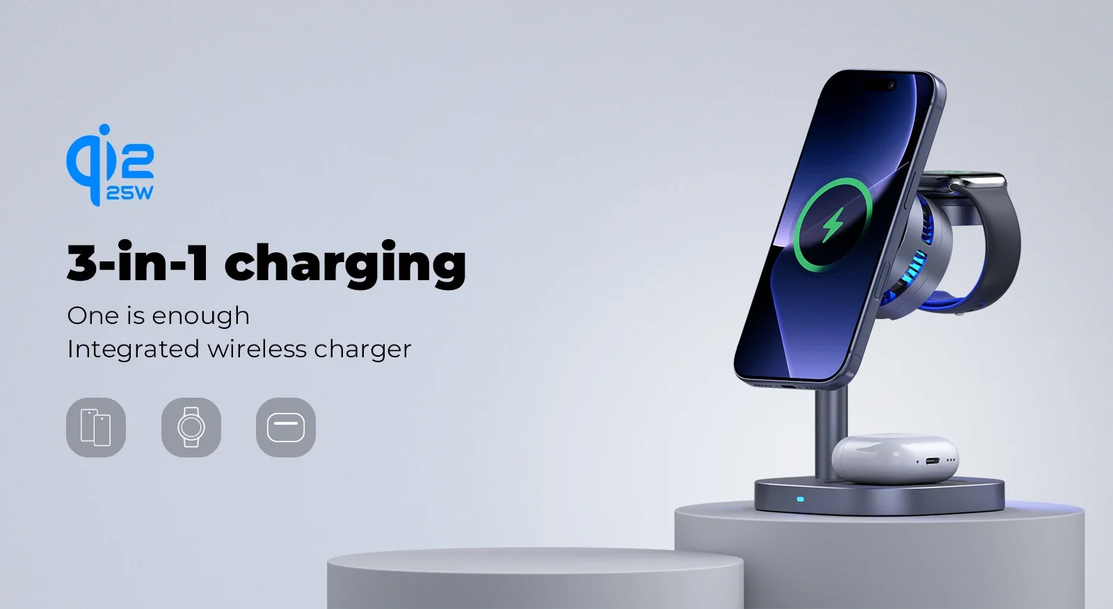 ICE Cooling Qi2.2 25W 3-in-1 Magnetisches Kabelloses Ladegerät Ständer Schnellladung für Magsafe iPhone 17 Pro Max Apple Watch 2-8 Airpods – Detail 1