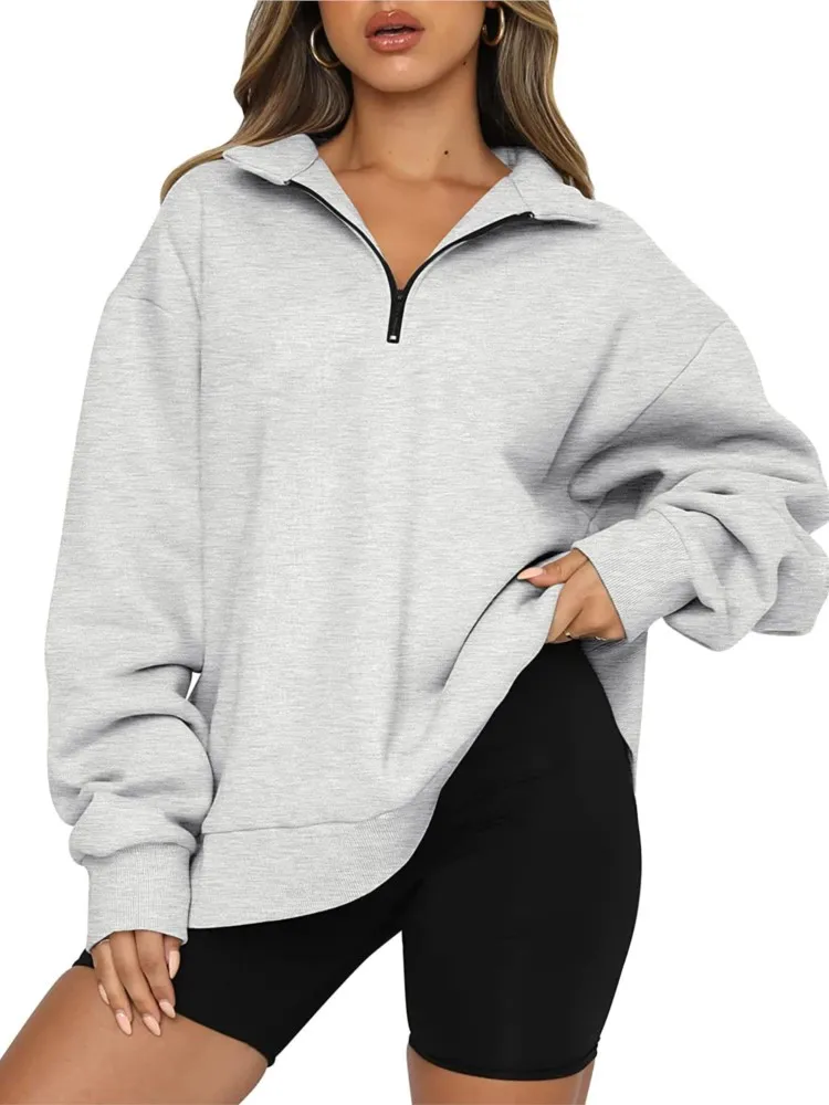 

2024 Autumn Sweatshirts Solid Color Tops For Women Casual Loose Long Sleeve Zipper Neck Streetwear Commuting Female's Pullovers