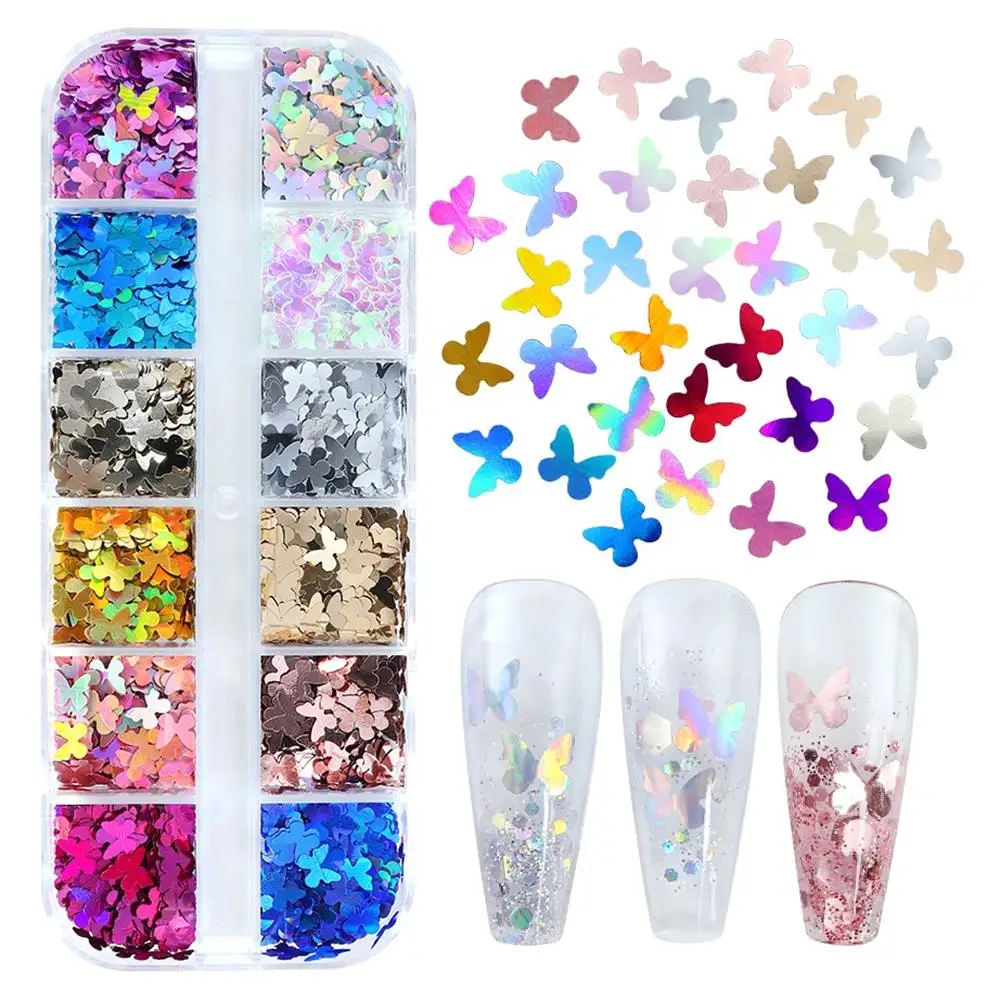 

12-Slot Laser Butterfly Nail Glitter - 5MM Colorful Butterfly Nail Stickers, DIY Fillers for Nail Art