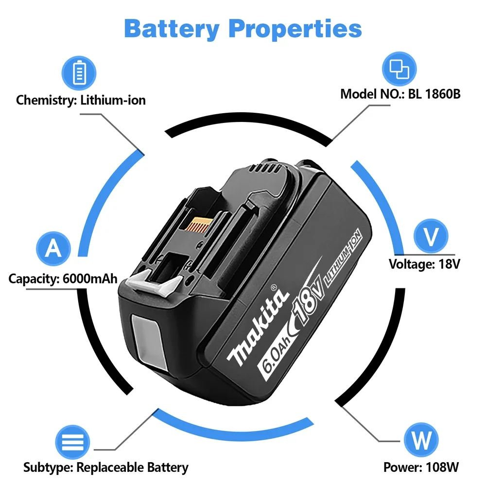 Imagem -04 - Makita Bateria Recarregável de Lítio 18v Broca Substituição Baterias Bl1860 Bl1830 Bl1850 Bl1860b Li-ion Battery 18v 6.0ah