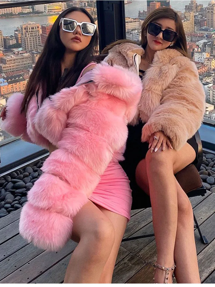 ZADORIN 2024 Winter Cropped Fur Jacket Women Fluffy Warm Pink Black Faux Fur Coat with Hood Zipper Female Outerwear Fur Jackets