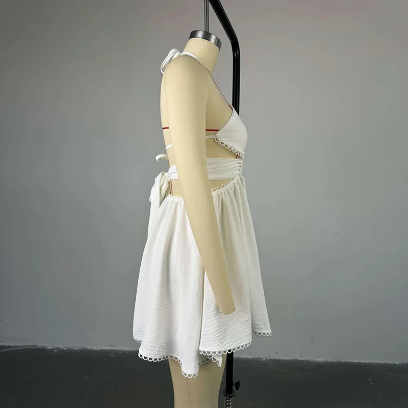 Slergiri Damska Biała Sukienka z Wycięciami i Koralikami, Wiązana na Szyi, Jesień 2024, Seksowna, Bez Pleców, z Wysokim Stanem, Słodka Sukienka na Imprezę, Krótka Sukienka w Kształcie Litery A