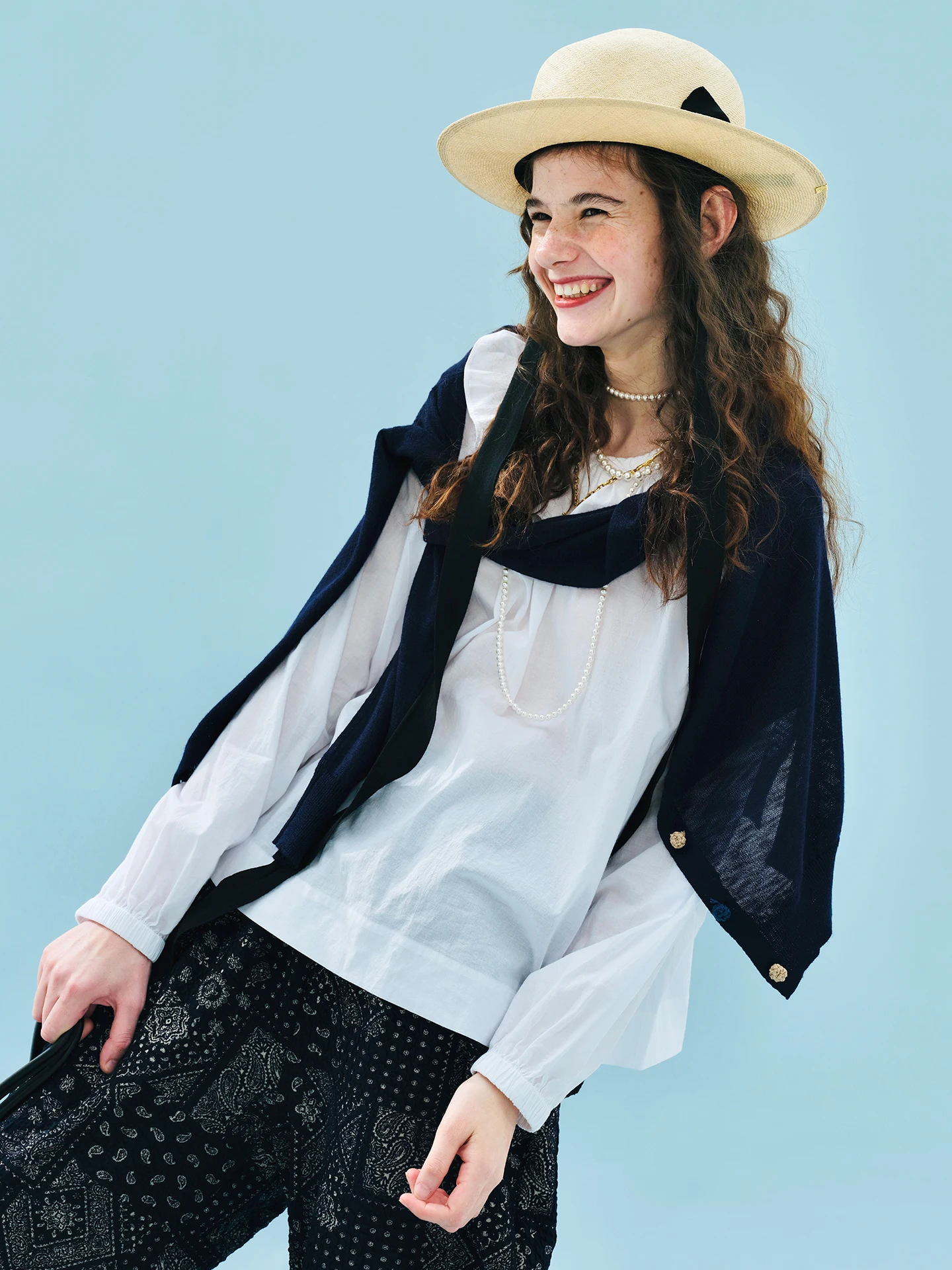 Women's White Ruffled Neckline Long - Sleeve Shirt Loose Fit Pleated Front Blouse 255170