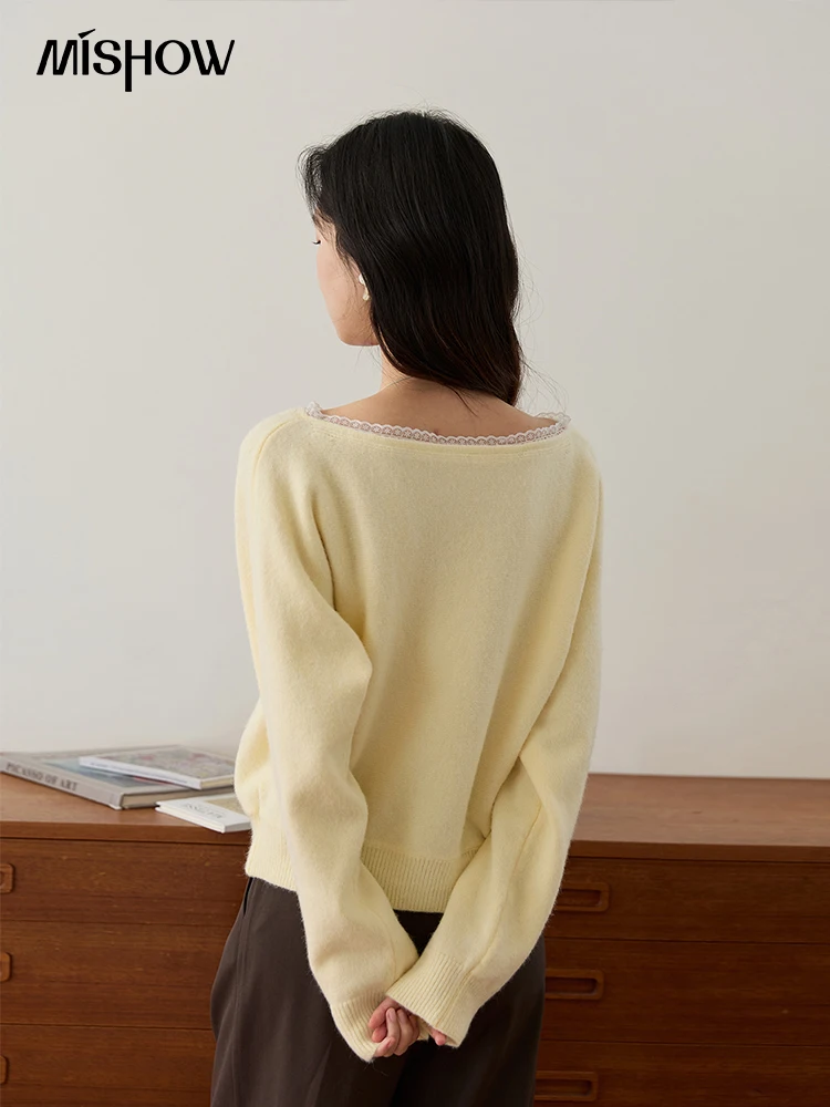 MISHOW femme pull tricoté 2025 automne nouvelle dentelle col rond manches longues pulls confortable décontracté jaune hauts MXE48Z2612