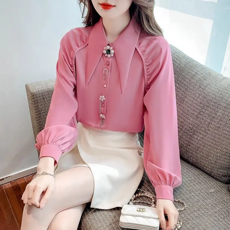 Kemeja kancing sifon lengan panjang, atasan Korea lucu ungu Pink untuk wanita Musim Semi dan Gugur