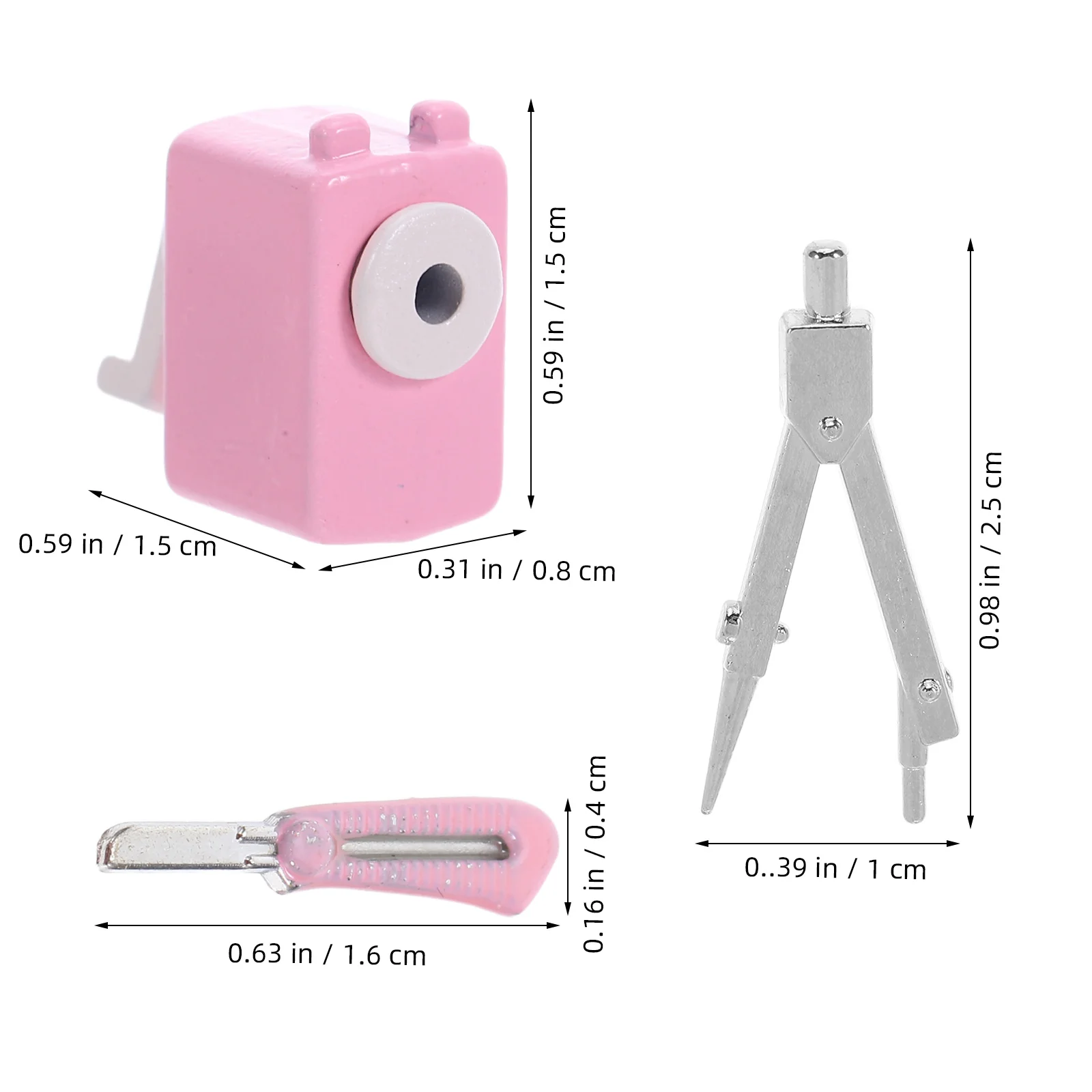 1 ชุดอุปกรณ์เสริมในห้องเรียนขนาดเล็ก: เครื่องมือบ้านตุ๊กตาที่สมจริงพร้อมกบเหลาดินสอ เข็มทิศ เครื่องตัดศิลปะสำหรับฉากบ้านตุ๊กตา