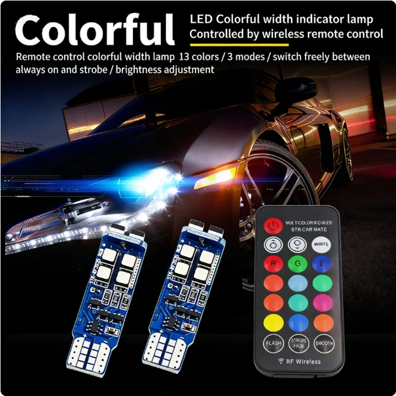 

2X T10 W5W 5050 6SMD RGB LED Bulb Car Atmosphere Clearance Lamp for Door Reading Dome Interior Lighting with Remote Control 12V