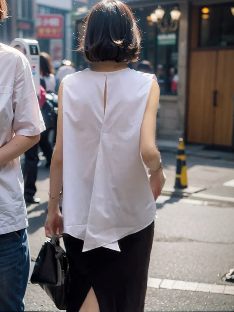 

Белый асимметричный комплект из двух предметов: топ-жилет без спинки и брюки/юбка, летний модный наряд в корейском стиле для молодых женщин