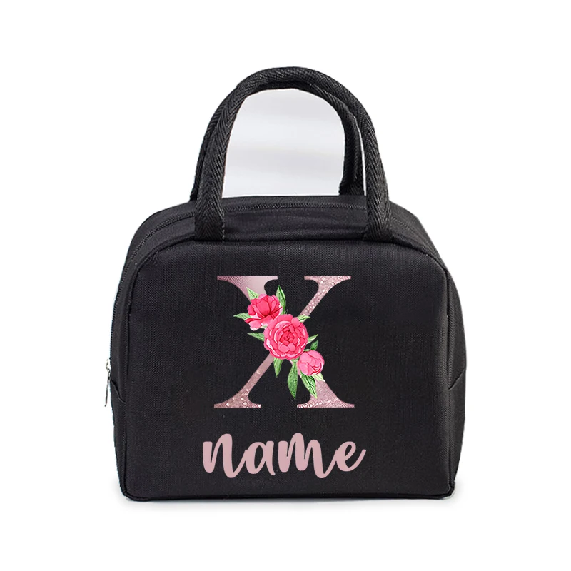 Custom Initial with Name Insulated Lunch Bag for Women Men Kids Cooler Pouch Thermal Pouch Portable DIY Flower Letter Lunch Bag