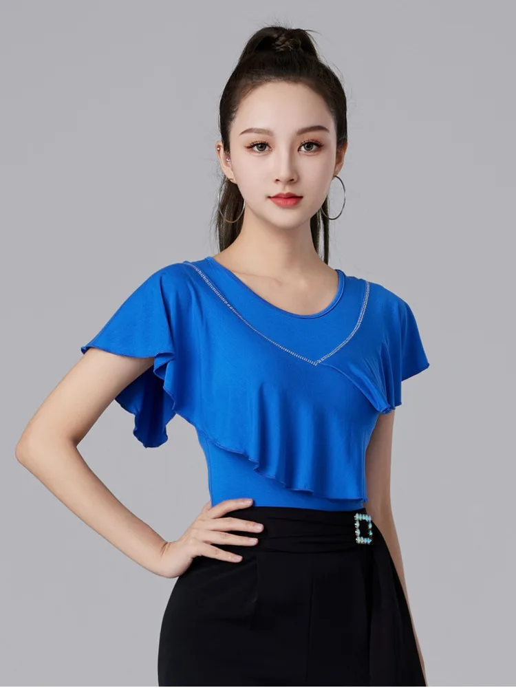 Solid Color Latin Dance Costume Tops Women Sports Jazz Rhinestones Wear Evening Practice Clothes Short Sleeve Dancewear T-shirt