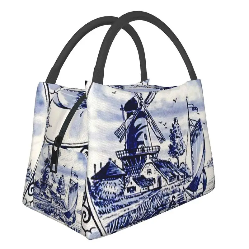 

Vintage Windmill Poster In Dutch Blue Delft Insulated Lunch Bags for Work Office Waterproof Cooler Thermal Lunch Box Women