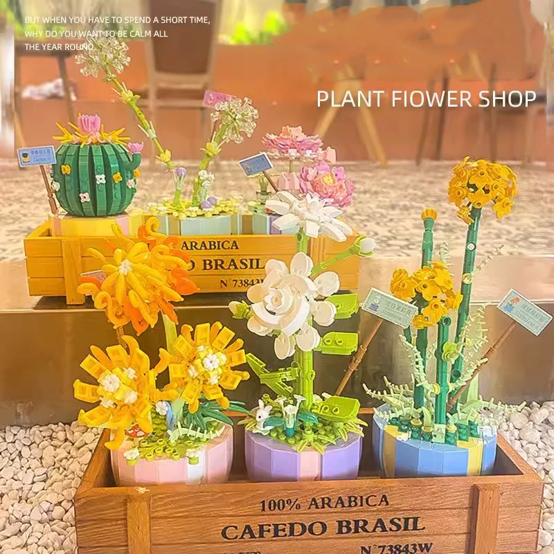 Plant Potted Building Block Bouquet 3D Model Toy Home Decoration Rose Flower Assembly Brick Girl Girlfriend Toy Birthday Gift