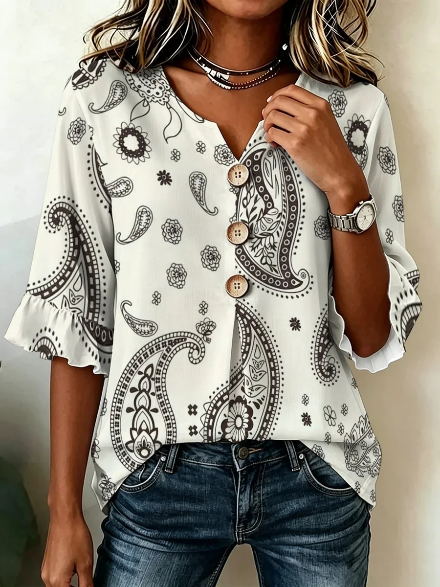 Summer 3/4 Sleeve V‑Neck Printed Blouse, Vintage Ethnic Pullover Top, Distinctive Look for Commute & Social Occasions