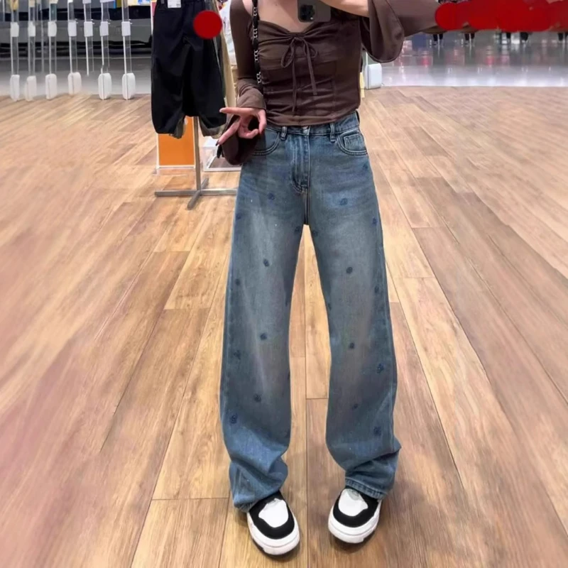 Vrouwen print hoge taille denim broek gesplitste noodlijdende broek streetwear jeans zak rechte broek eenvoudige casual lente herfst