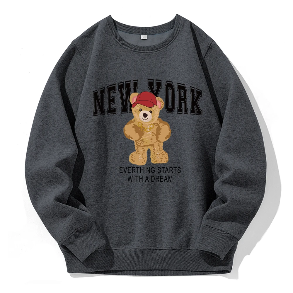 New York Everthing Starts With Dream Teddy Bear Men Hooded Casual Fashion Clothes Loose Oversized Sweatshirt Classic Retro Hoody