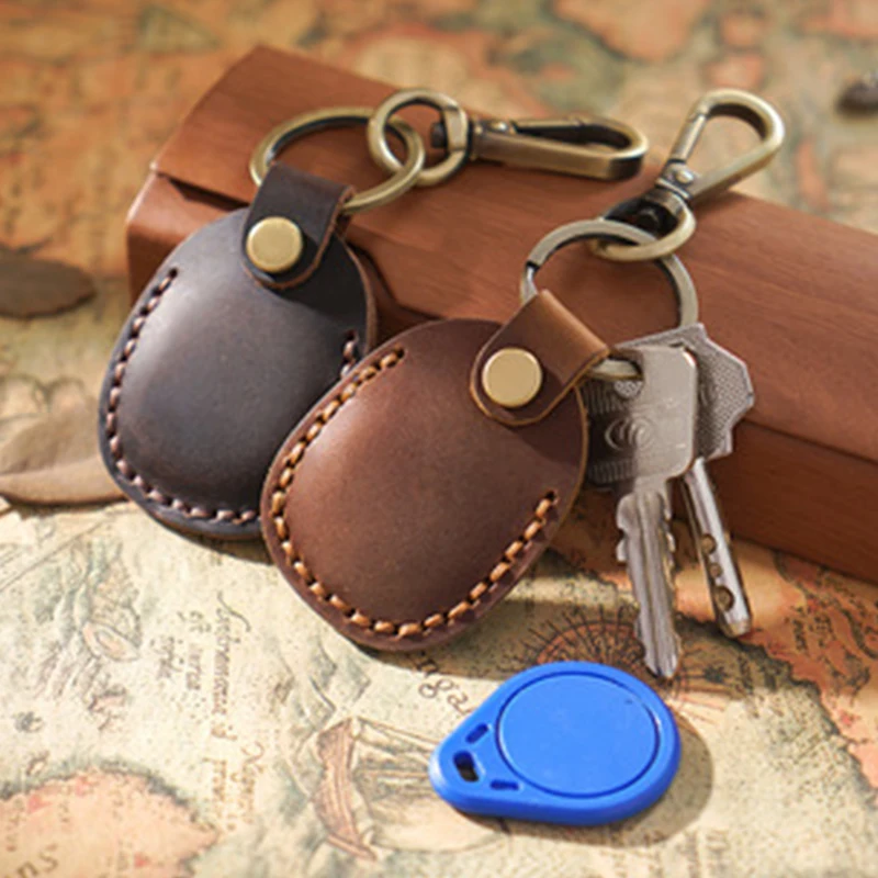 Key Buckle Head Layer Cowhide Small Circular Water Droplet Induction ID Card Protective Sleeve Key Buckle Accessories