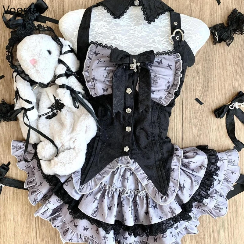 Conjunto de falda estilo Lolita japonés Y2k para mujer, blusas de encaje con estampado dulce, Tops, Mini faldas de pastel, traje gótico Harajuku, conjuntos de 2 piezas