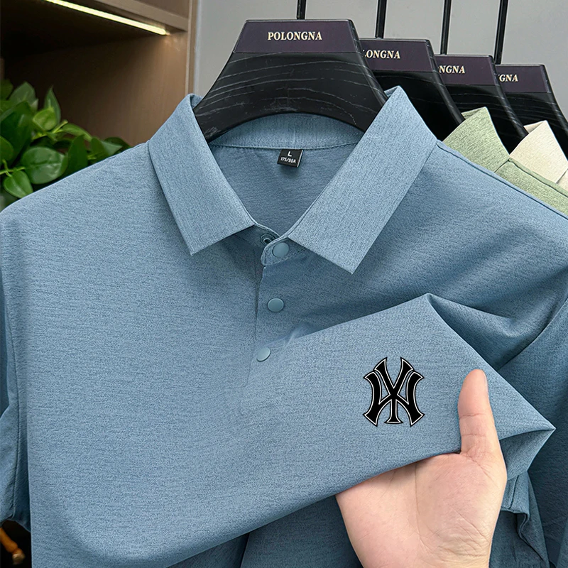 Men's Luxury Ice Silk Polo Shirt Summer Fashionable Lightweight Breathable Printed Business Casual Solid ColorT-Shirt Top