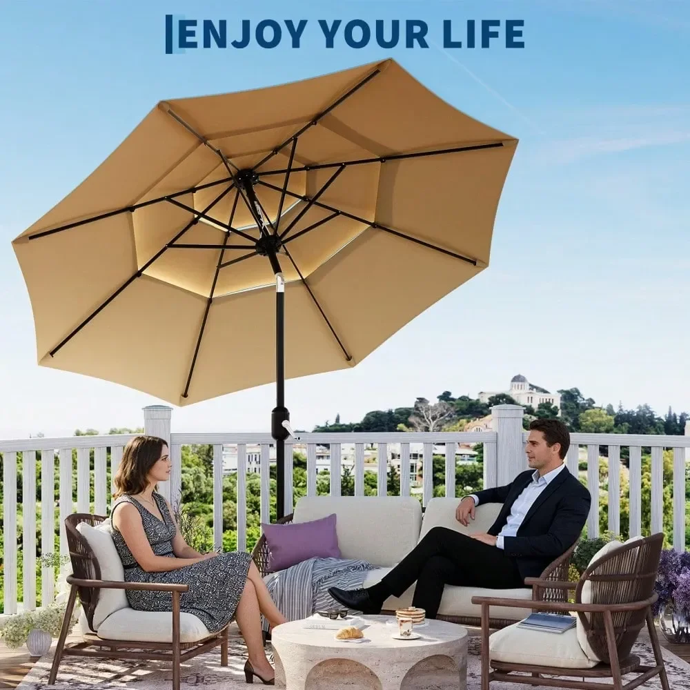 

10Ft Outdoor Table Umbrella With Vents, Easy Crank And Push Button Tilt, 3Tier Patio Umbrella With 8 Sturdy Ribs, Rectangle Mar