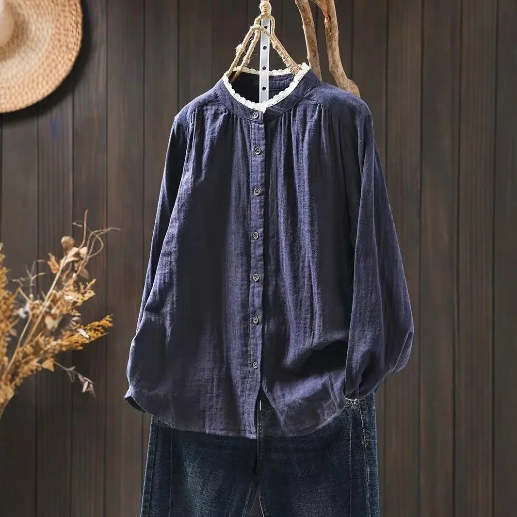 

Новое поступление 2025 г., осенняя винтажная стильная кружевная рубашка с воротником-стойкой, свободные женские повседневные топы, рубашки M283, женская хлопковая рубашка с длинным рукавом