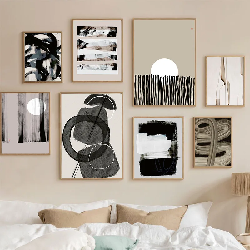 Abstract Boho Geometric Line Posters Black Ink Landscape Wall Art Canvas Painting Print Picture for Living Room Home Decoration