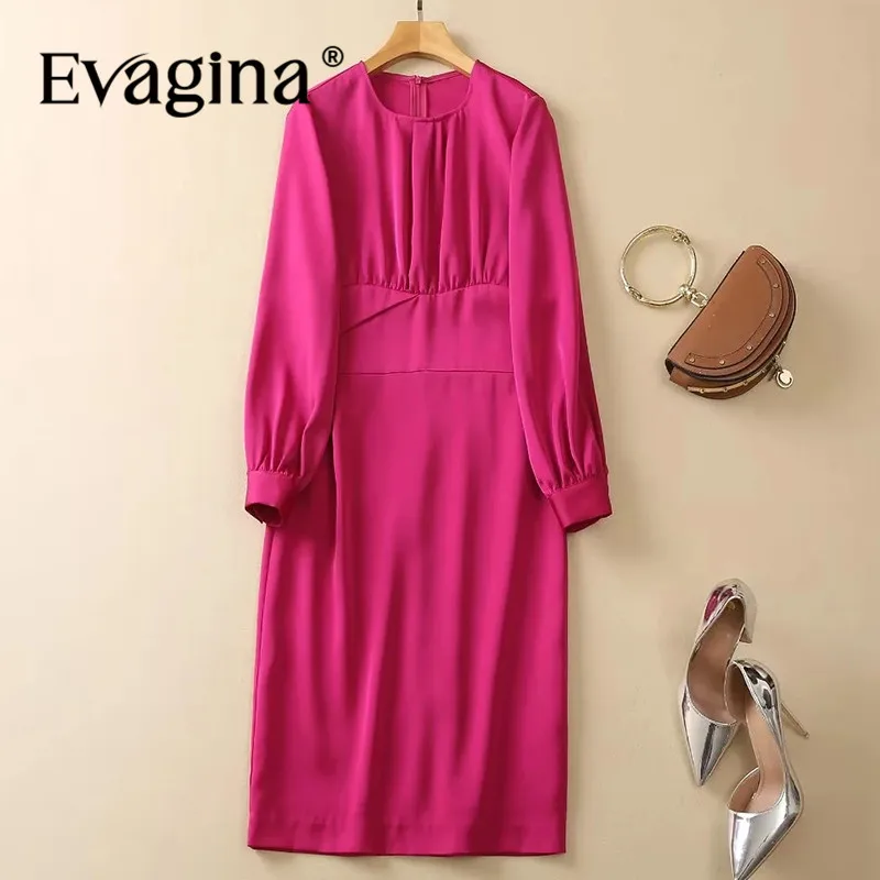 

Evagina Fashion Women's New Round Neck Lantern Long-Sleeved Satin Patchwork Elegant Slim-Fit Office Lady Hip Wrap MIDI Dress