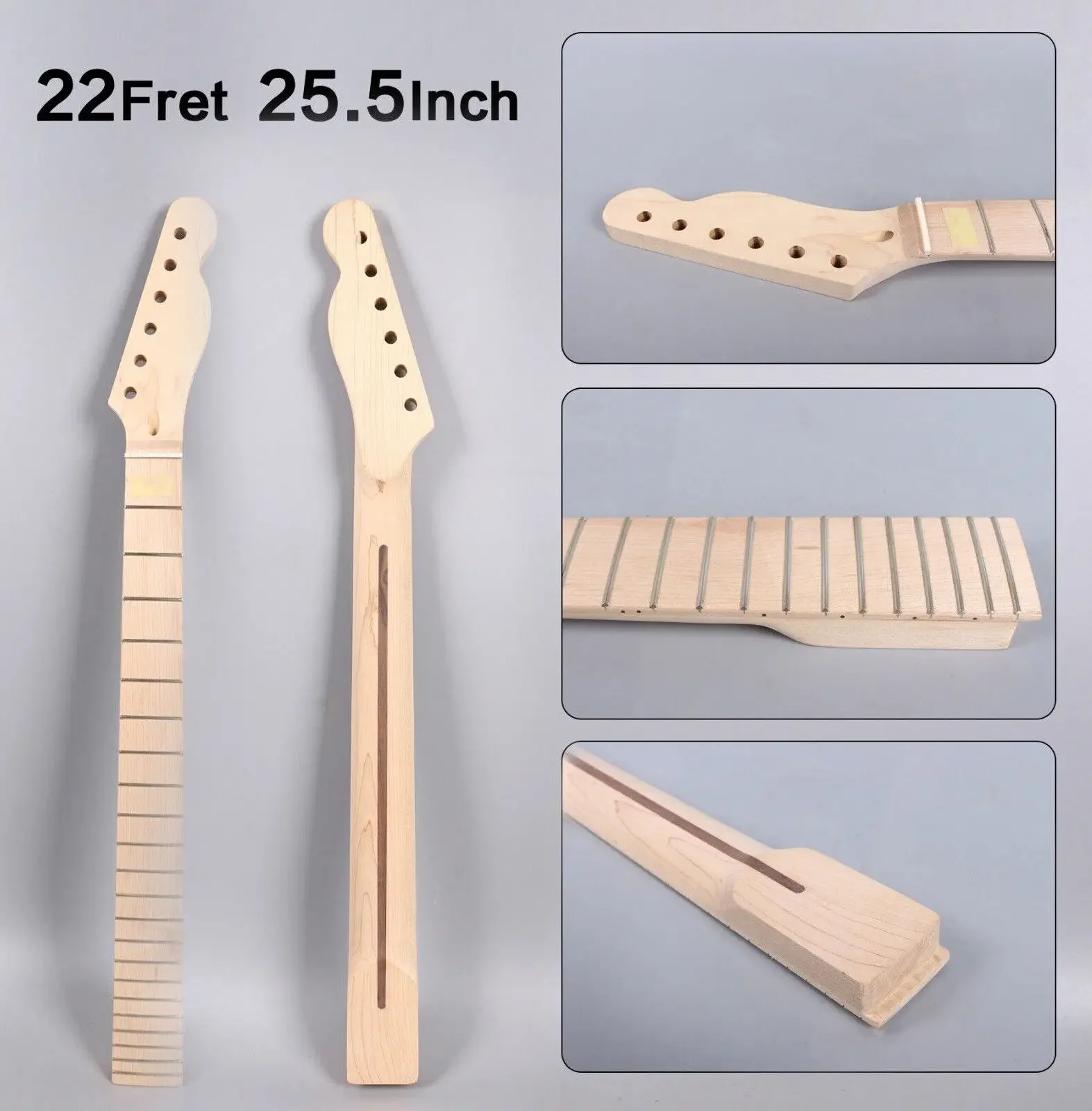 22 Fret Guitar Neck 25.5 Inch Maple Fretboard Truss Rod Adjust at Headstock Replacement Head Bolt on Heel with Back Stripe