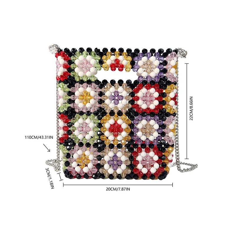 حقيبة يد نسائية جديدة ملونة مصنوعة يدويًا مطرزة بالخرز بتصميم زهور منقوشة كتلة ألوان حقائب كتف عبر الجسم لقضاء عطلة السفر