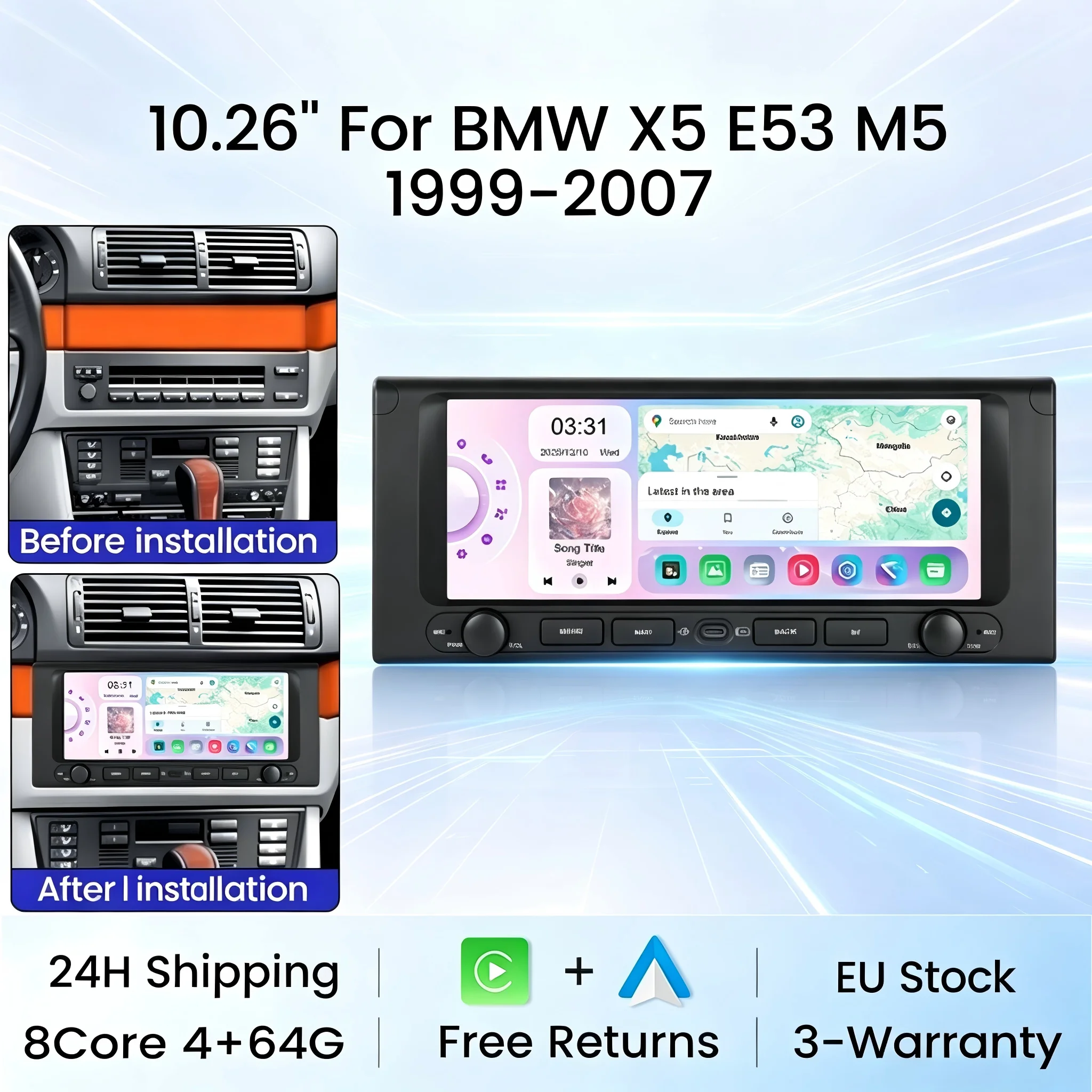 Neuer Stil! 10,26 Zoll 1600*600 IPS-Bildschirm, kabelloses Carplay, Android Auto, Autoradio, Multimedia-Player für BMW E39 E53 M5 1999-2007, intelligentes Fahrzeugsystem, GPS-Navigation, RDS, FM, BT,