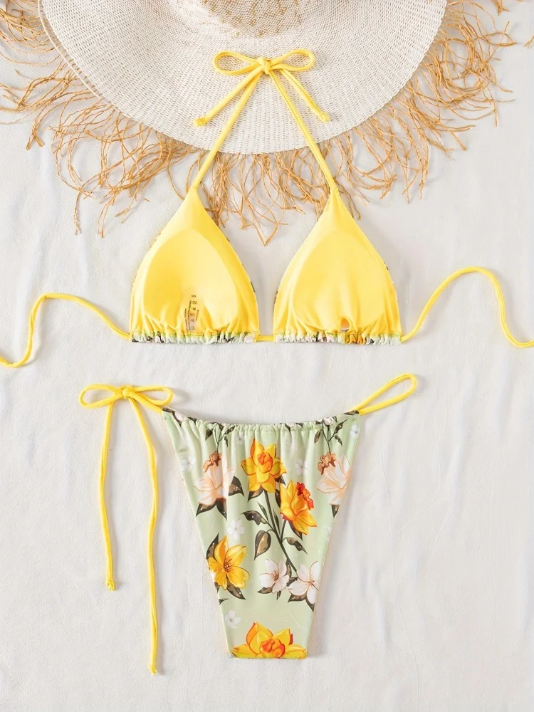 Bikini donna costume da bagno 2026 nuova stampa floreale halter bikini set sexy pizzo costumi da bagno estate due pezzi costume da bagno da spiaggia femminile