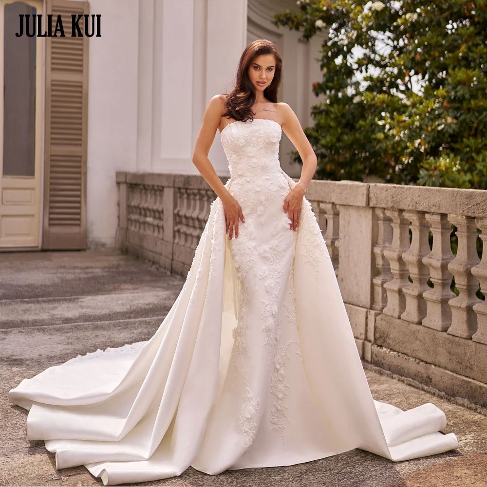

Julia Kui Custom Made Off Shoulder Mermaid Wedding Dress Beading 3D Embroidery Lace Vestido De Noiva 2 In 1 Trumpet Bridal Gowns