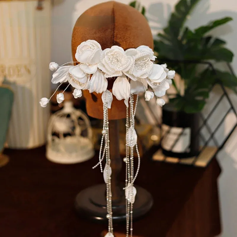 

Bridal Satin Pearl Flower Comb Beaded Tassel Hairpin Simple And Advanced Wedding Hair Accessories