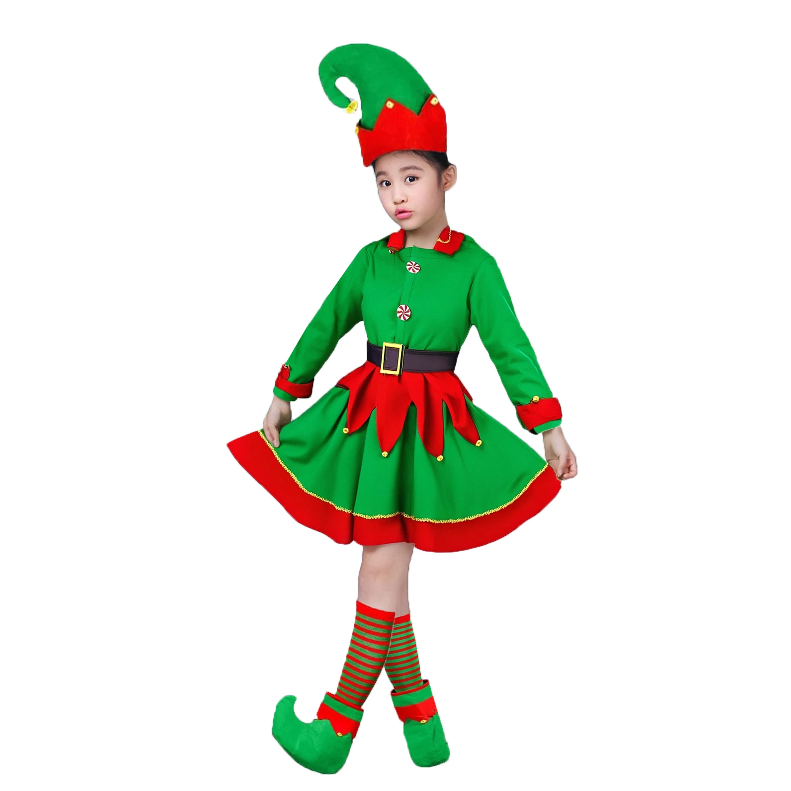 

Рождественский костюм эльфа для девочек, роскошный костюм помощника Санта-Клауса, костюм для косплея с шляпой эльфа, носки, обувь