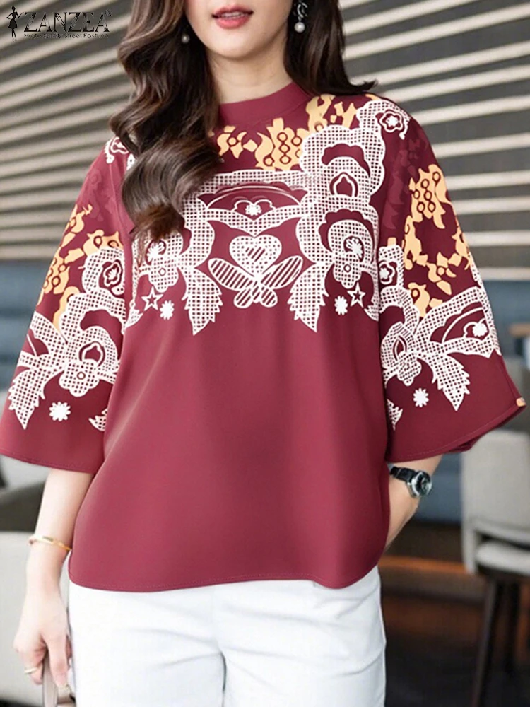 

ZANZEA Elegant Women Blouse Stand Collar Vintage Print Shirts 2025 Autumn Casual Loose 3/4 Flare Sleeve Stylish Tunic Tops Blusa
