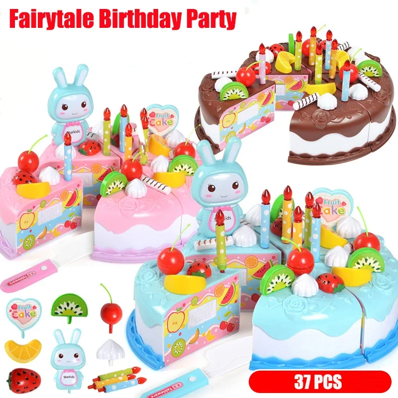 Kids Toy Simulation DIY Birthday Cake Model Kitchen Pretend Play House Cutting Fruit Food Toy for Toddler Children Gift Boy Girl