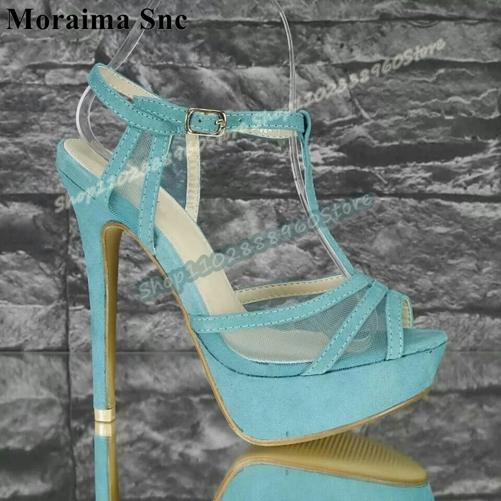 

Light Blue Flock Gauze Splicing Platform Sandals Stilettos High Heel Shoes For Women Ankle Buckle Strap Peep Toe Casual Sandals