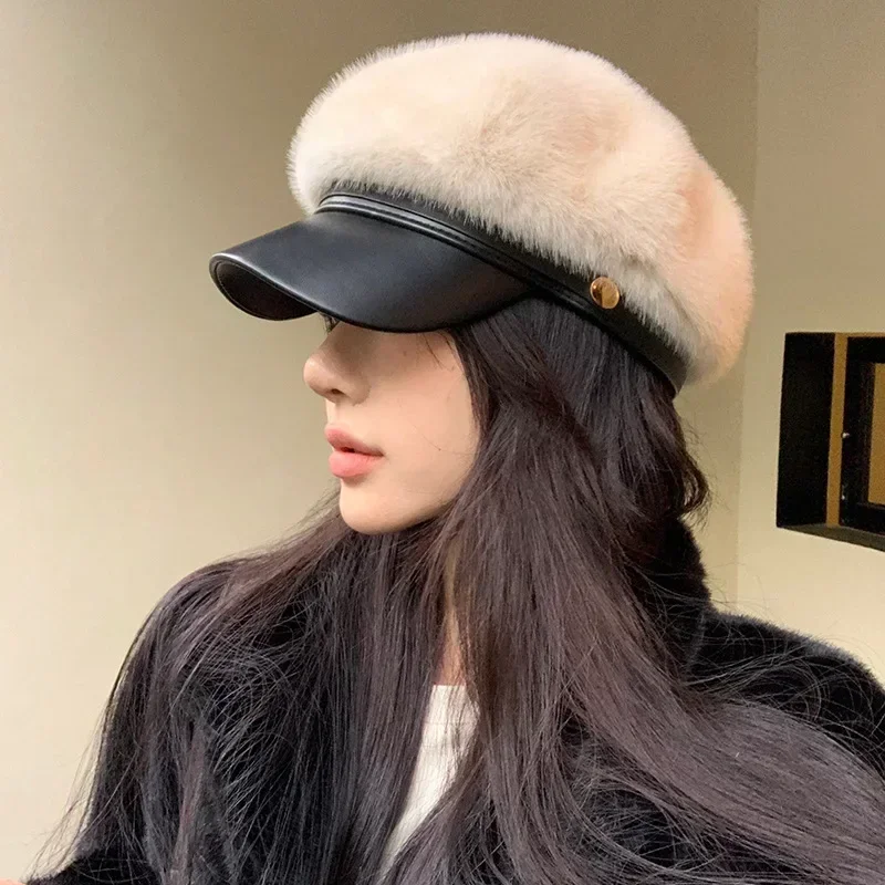 Vintage Nerz Pelz Baskenmütze Frauen Luxus Vielseitige Künstler Hut Mädchen Dame Winter Warm Großen Kopf Achteckige Kappe Harte Krempe Ski Caps