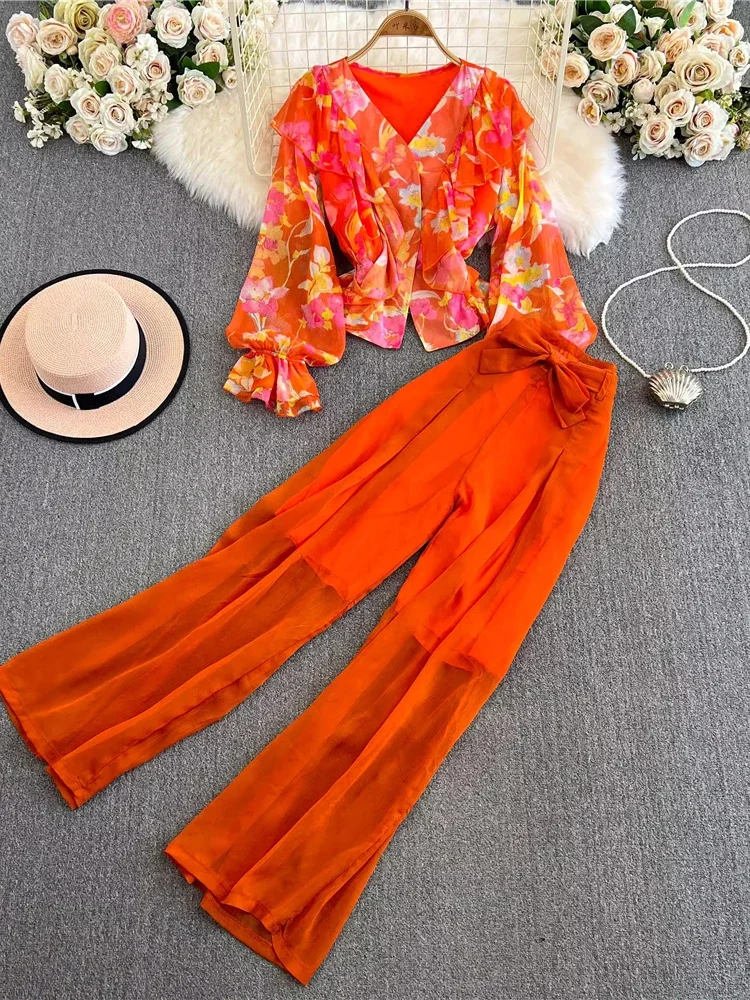 

Spring Autumn Casual Women 2Pcs Set Elegant V-Neck Ruffle Long Sleeve Tops+High Waist Wide Leg Pants Two Piece Suit New Fashion