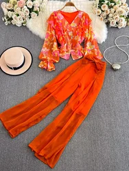 Spring Autumn Casual Women 2Pcs Set Elegant V-Neck Ruffle Long Sleeve Tops+High Waist Wide Leg Pants Two Piece Suit New Fashion