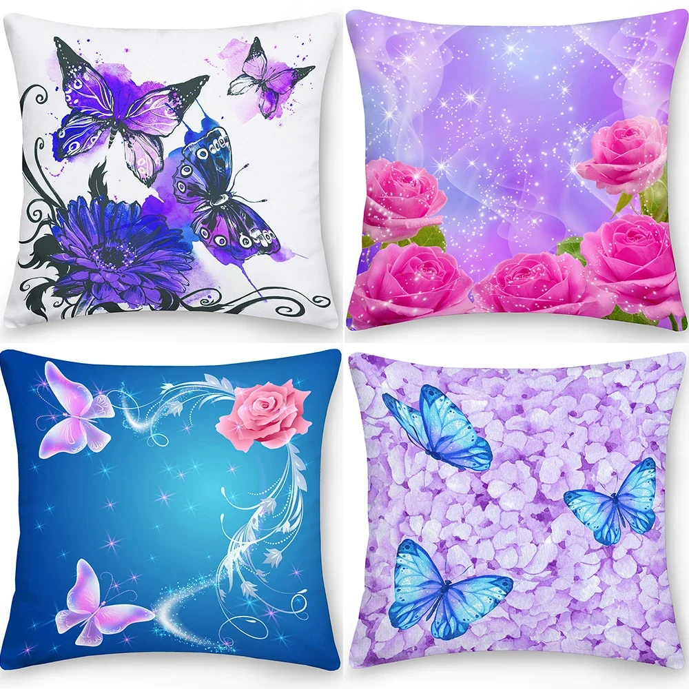 

Double Sided Flower Pillow Cover Square Cushion Butterfly Sofa Home Decoration