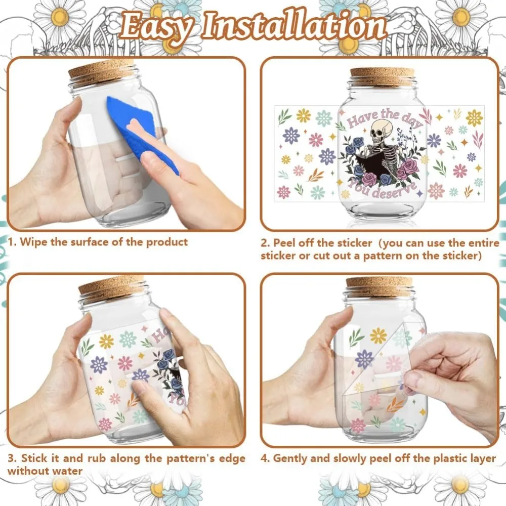 UV DTF Cup Wraps Transfer Stickers Skeleton Pattern 10 Sheets Waterproof  Vinyl Transfer Sticker 16oz Coffee Glass Cup