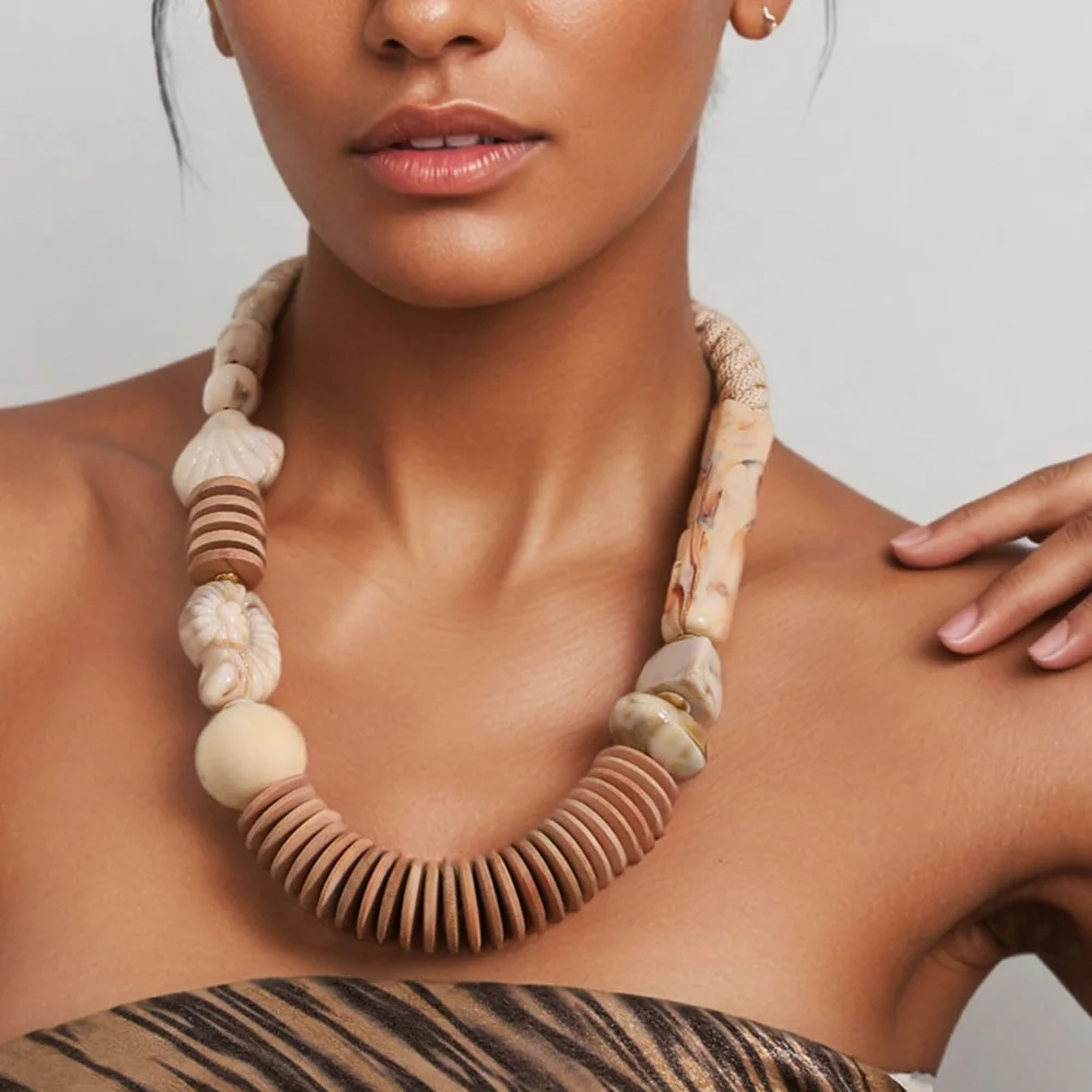 

Fashion Statement Bohemian Retro Style Mix and Match Shell Wooden Necklace Handmade for Women Trendy Party Jewelry