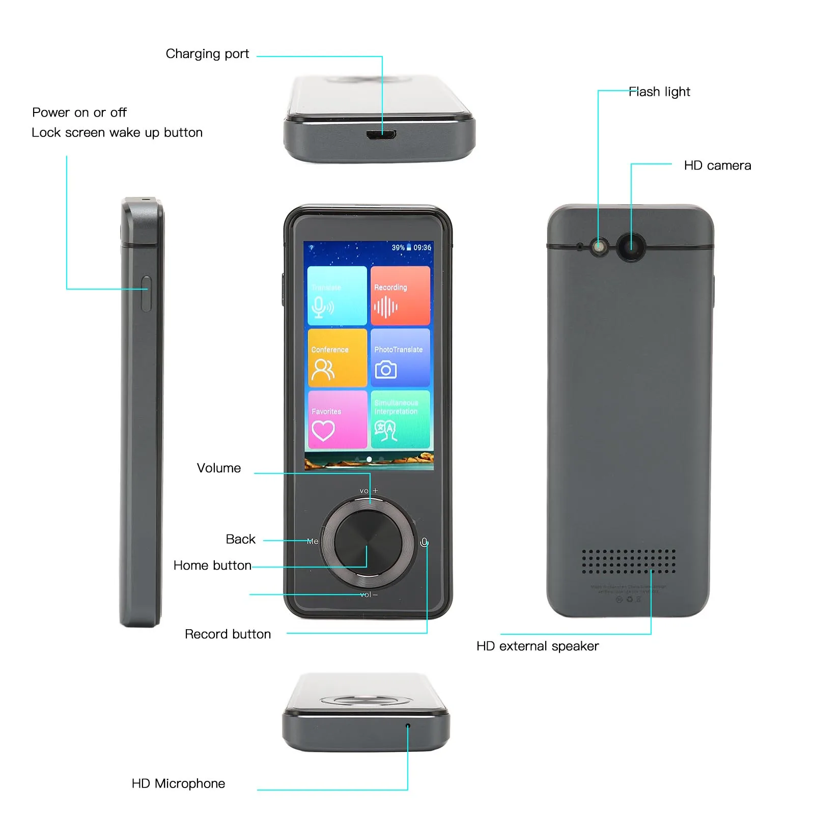 Dispositivo traduttore Registrazione in metallo Batteria a lunga durata 107 lingue Interprete vocale Schermo HD con traduzione di foto per i viaggi