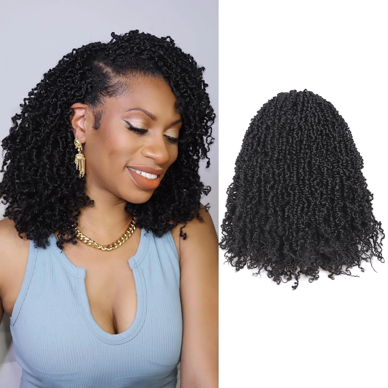 Fluffy Spring Twist Short Bob Pre‑Looped Crochet Braids for Women, Daily, Vacation, Party, Festival Use, Color 1B, T30 ,12inch