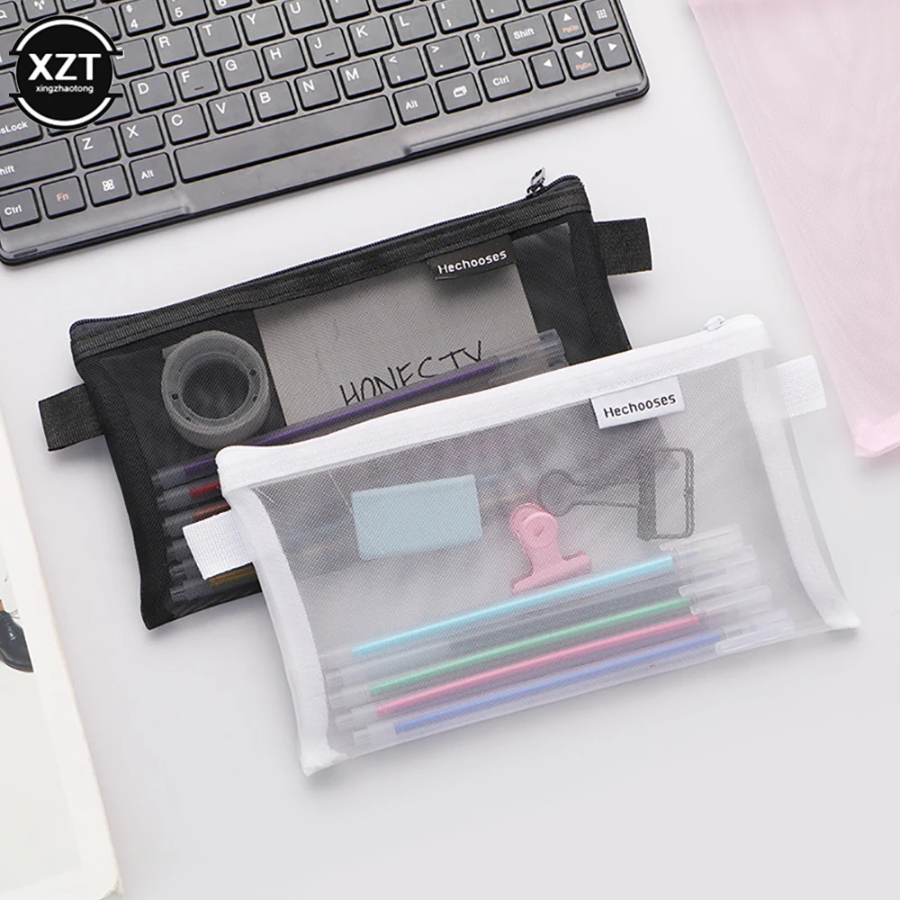 Sac à crayons portable en maille transparente, carré et narmignon, sac en poudre pour stylo, fournitures scolaires et de bureau, étui de papeterie créatif, 1 PC