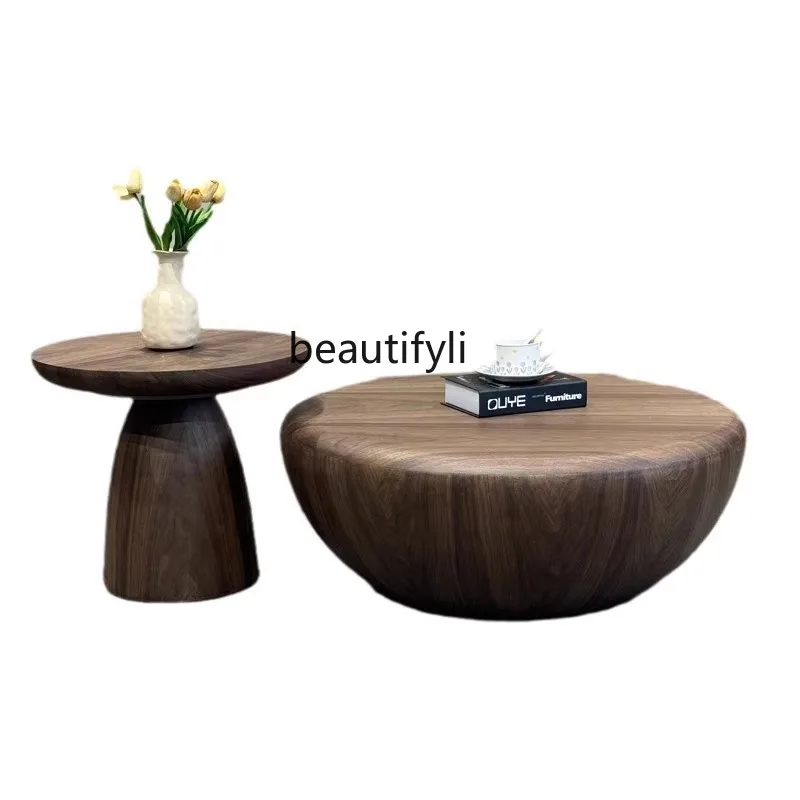 

Medieval walnut color round child and mother coffee table modern simple small apartment living room high and low combination