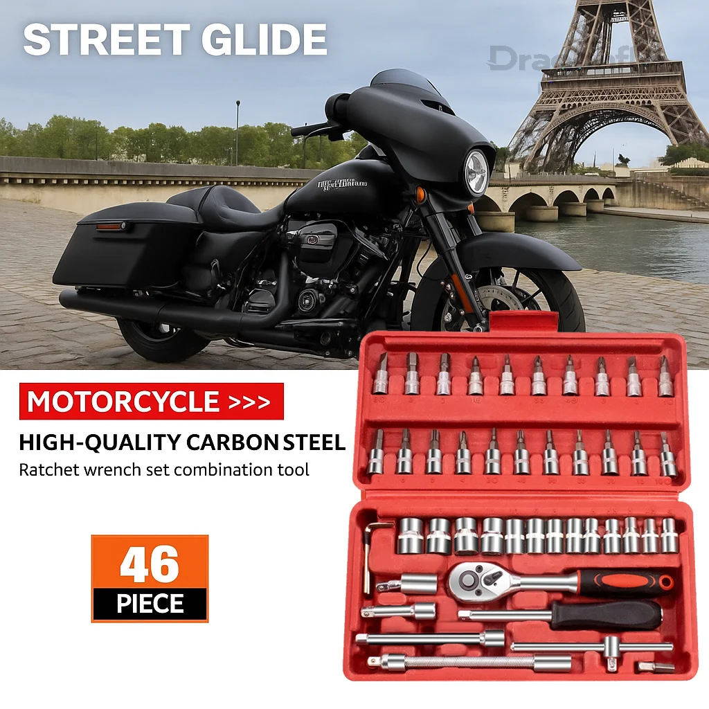 46pcs Car Repair Tool 1/4-Inch Socket Set For Harley Touring Road King Sportster XL 883 1200 Iron XR Dyna Softail