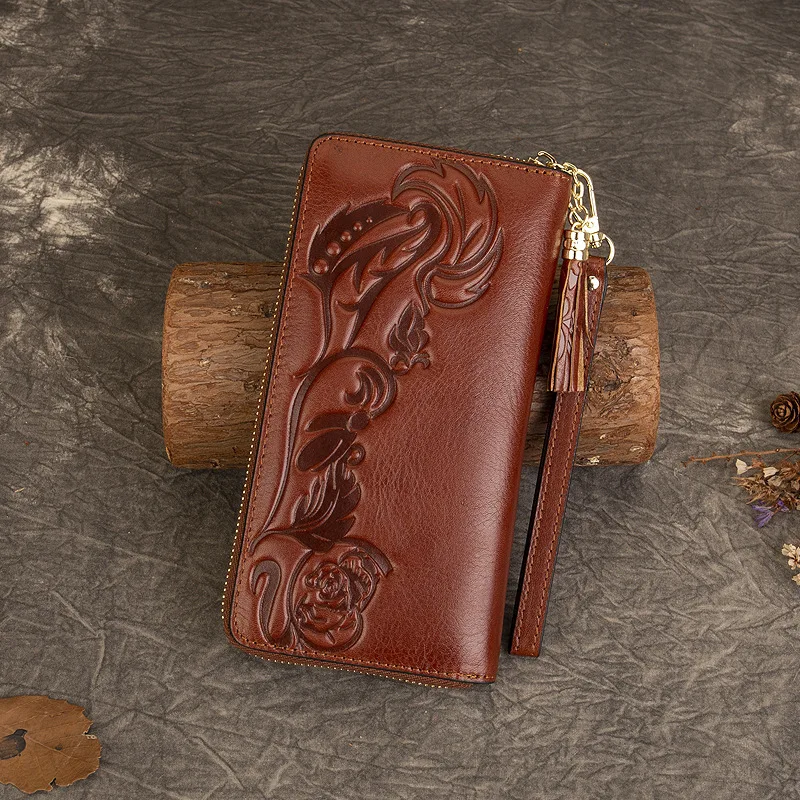 MOTAORA Vintage Women's Leather Wallet 3D Embossed Floral Clutch Bag Genuine Cow Leather Coin Purse Ladies Small Wallet 2025 NEW