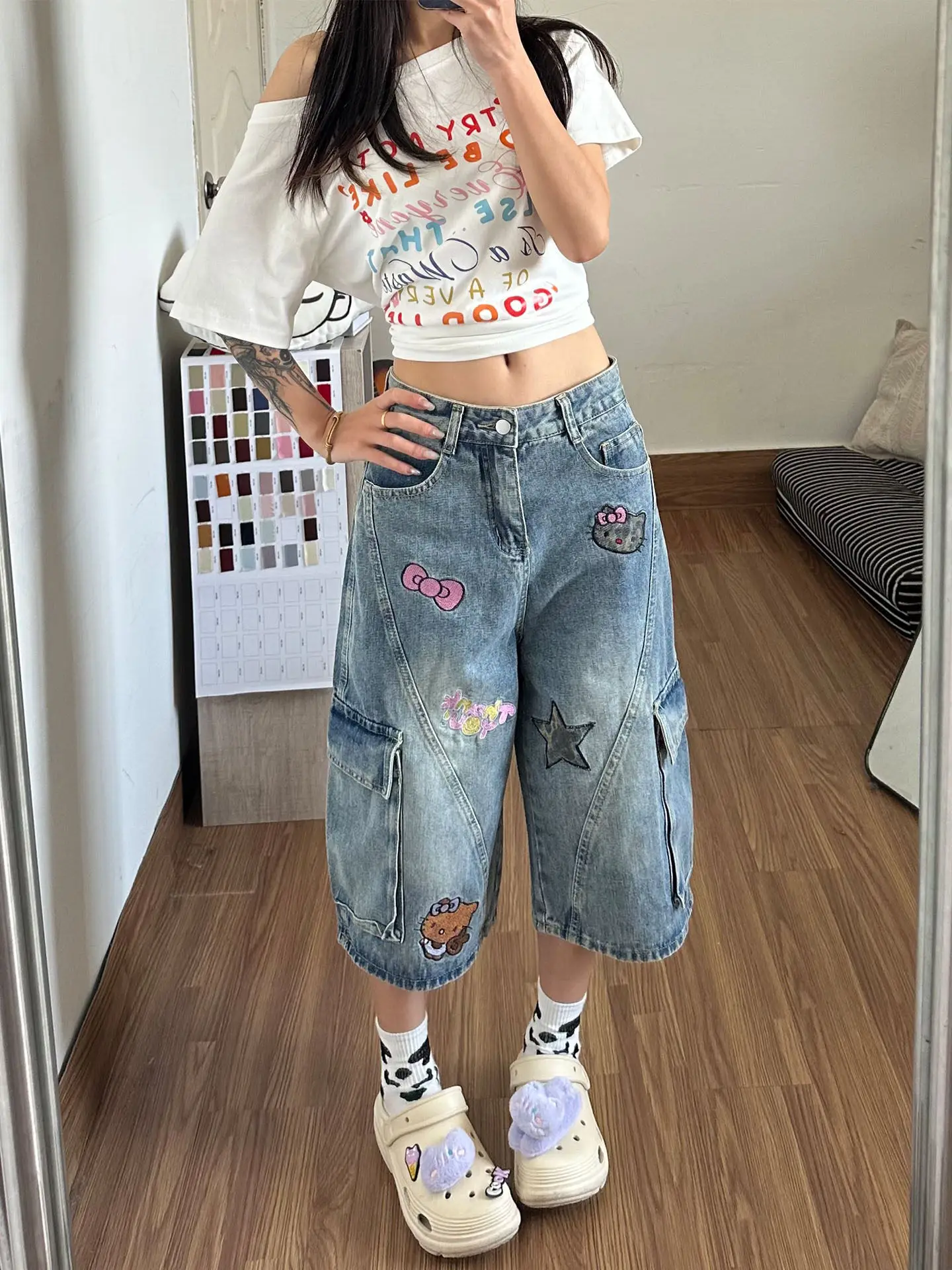 

American Style Fun Cartoon Embroidery Seven-Foot Jeans Women's Summer New Design Loose Multi-Pocket Workwear Shorts