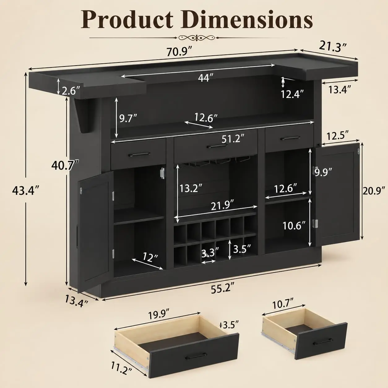 Wine Bars with 3 Drawers, Cabinets, Wine Glass Holder and Wine Racks, for Dining Room, Living Room, Basement